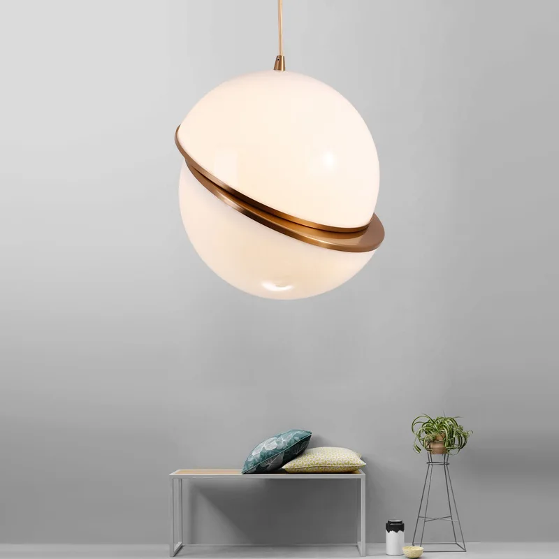 Modern Art Ball Pendant Light Hanging White Acrylic Shade Brass Round Pendant Lamp Creative Suspension Pendant Light for Restaurant Cafe Bar (33)