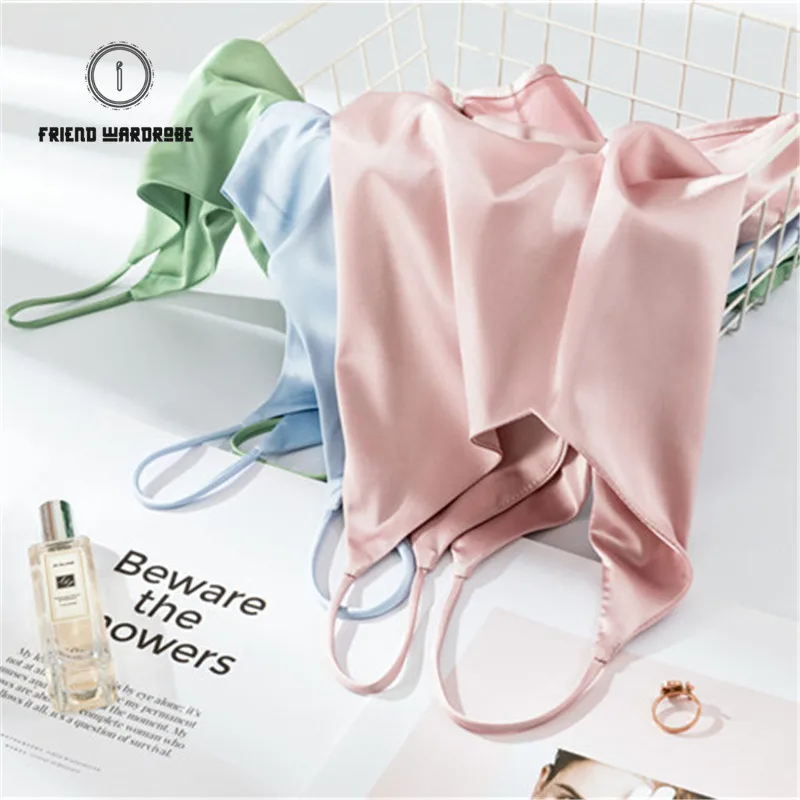 

Summer Spaghetti Strap Top Halter Camis Simulation Silk Satin Sling Sexy Sleeveless Top Women Vest Female Outside Wearing Tops