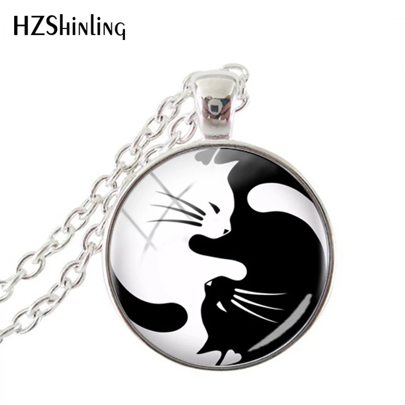 

New Fashion Vintage Two Cats Necklaces Glass Pendant Yin Yang Cats Long Necklace Statement Necklace for Women Fashion Men