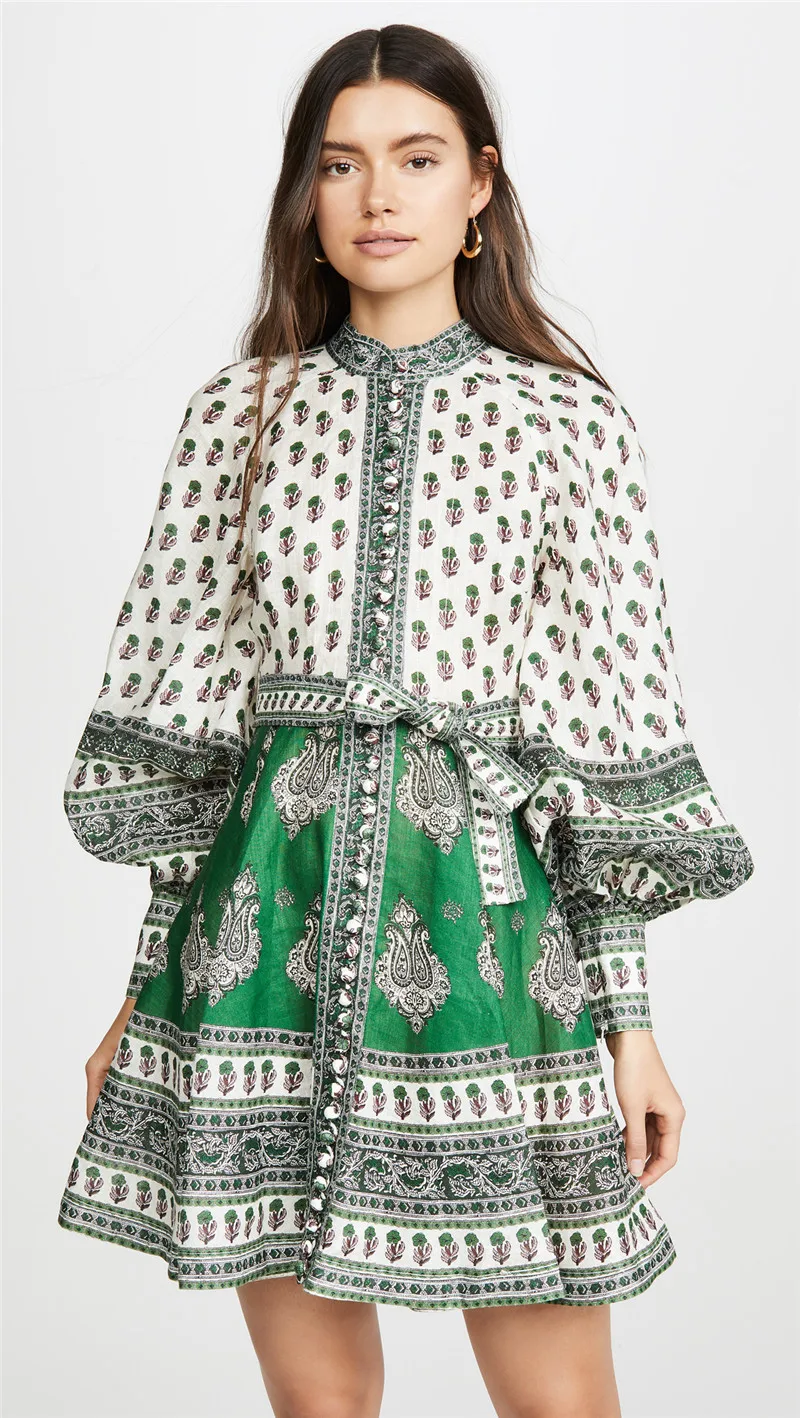 Summer Dress 2019 Runway Elegant Slim Women O Neck Lantern Sleeve High Waist Vintage Mini Dresses (5)