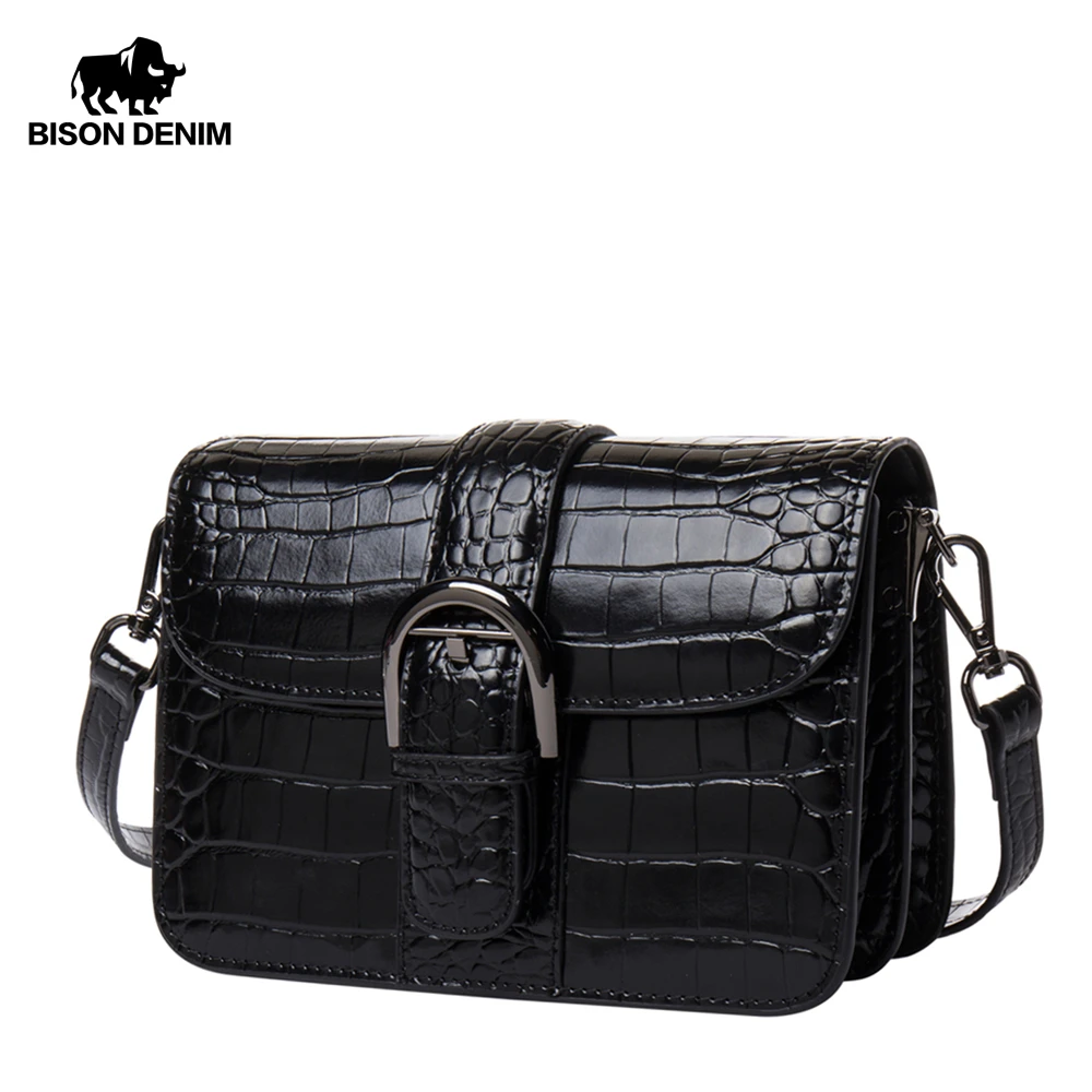 

BISON DENIM Designer Genuine Leather Women Messenger Bags Alligator Pattern Cowhide Designer Bag Luxury Fashion Women Bags N1404