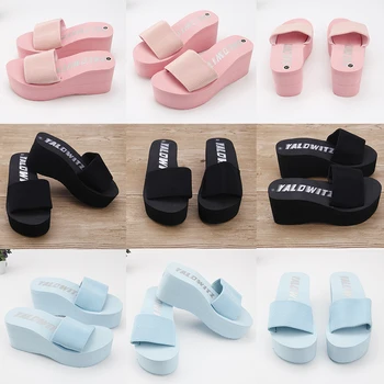 Zapatillas de tela elásticas para Mujer, Chanclas sencillas y baratas de tacón alto para playa, sandalias de plataforma, para verano, 2020
