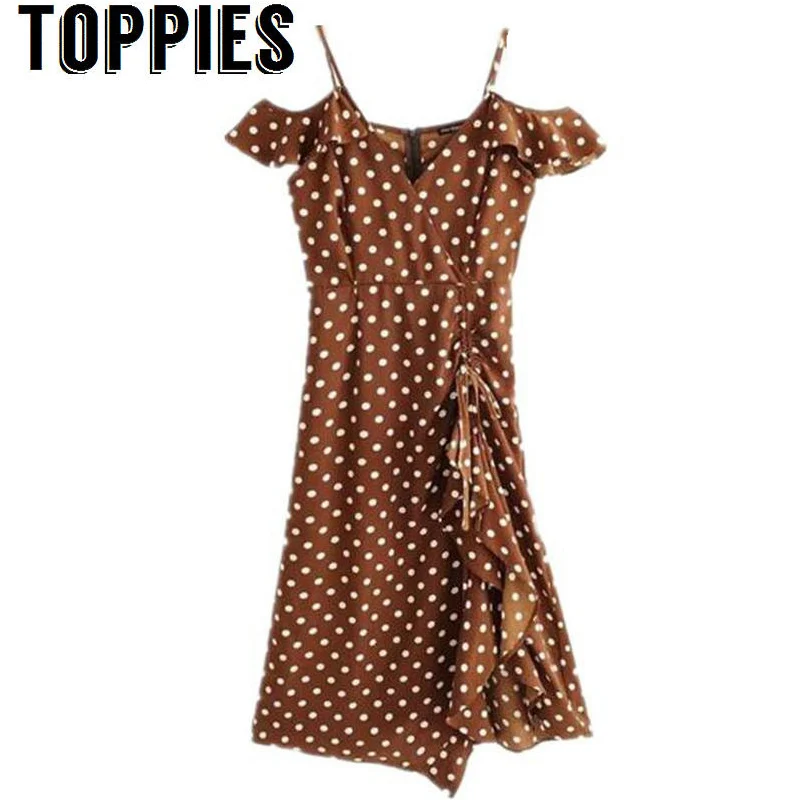 Toppies женское летнее коричневое платье в горошек 2019 винтажное миди с оборками