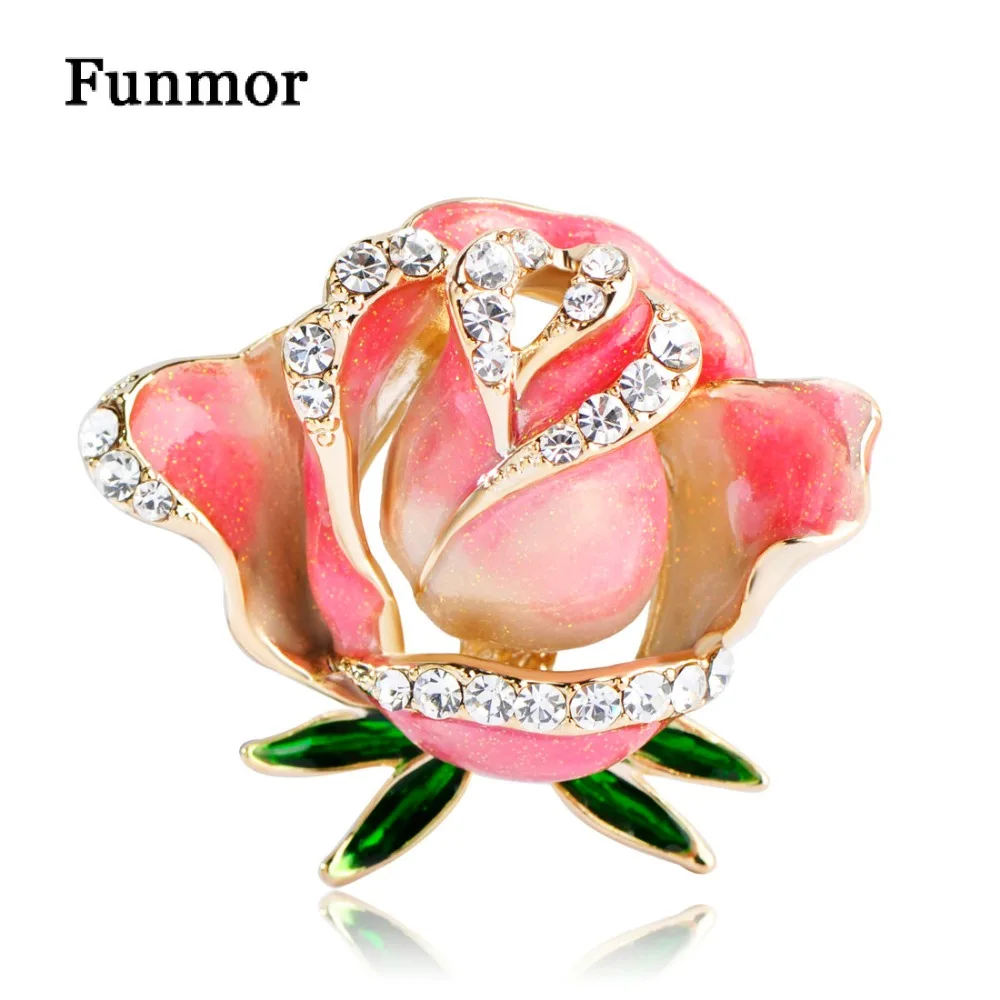 Wholesale Beautiful Pink Rose Enamel Brooch Crystal Flower Brooches For