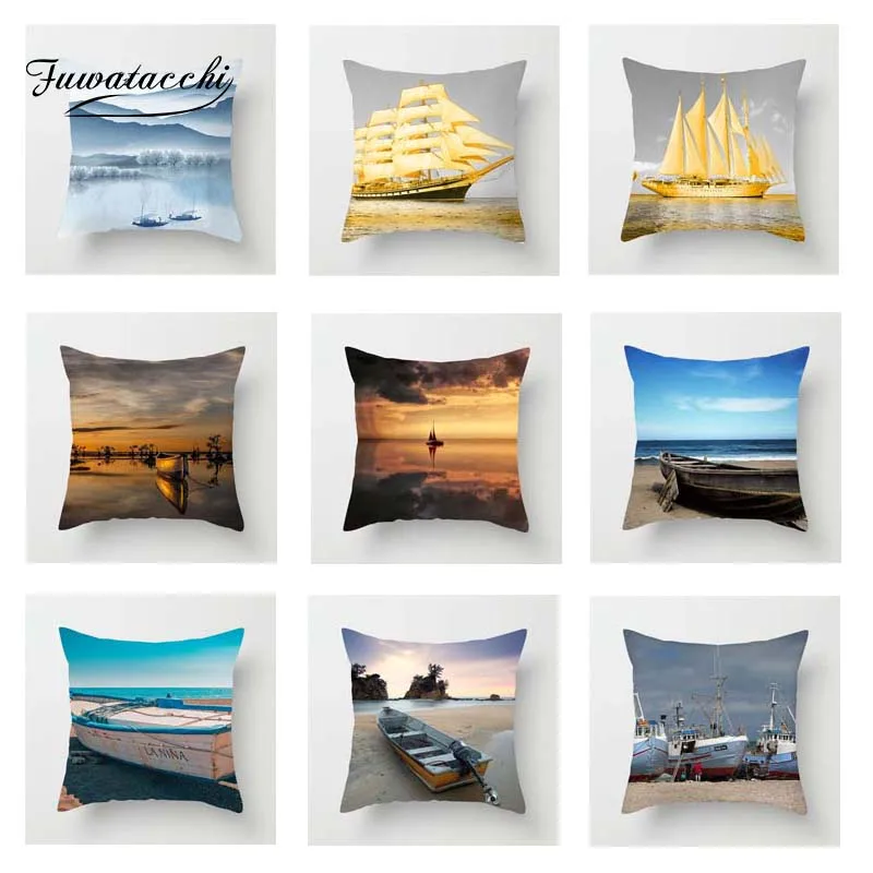 

Fuwatacchi Boat Lake Cushion Cover Gold Sailboat Speedboat Pillow Cover For Home Sofa Room Chair Car Decorative Pillowcase