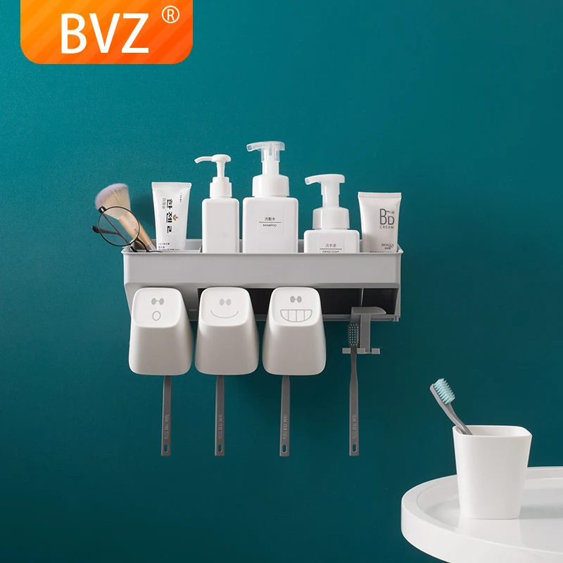 

BVZ Toothbrush Holder Inverted Cup Wall Mount Bathroom Shelf Cleanser Storage Rack Bathroom Accessories Set