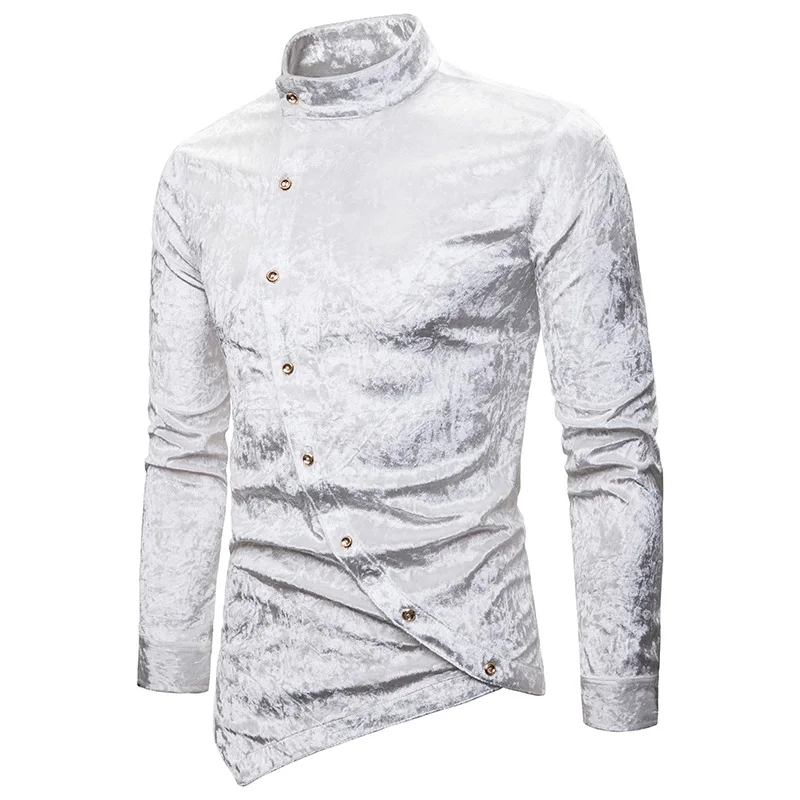 

2019 new personality casual diagonal button diamond velvet irregular multi-color Henry collar high quality long-sleeved shirt