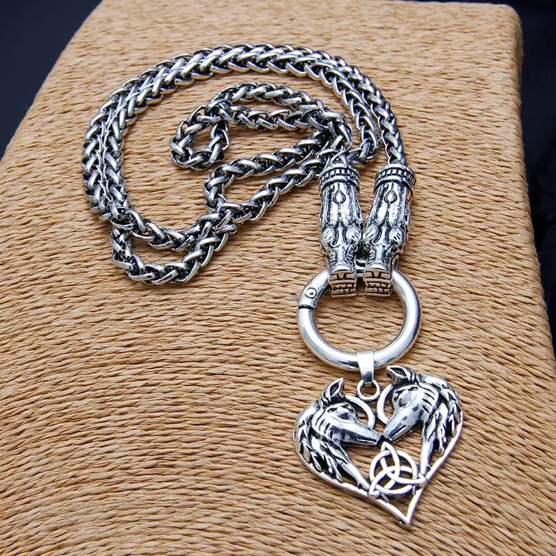 

Men Double Wolf Head Viking Necklace Pendant Antique Silver Plated High Quality Chain Necklace Talisman Ethnic Jewelry