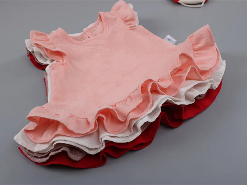 Ruffle Sleeve Lace Flowers Summer Kids Girl Blouses Tops Slub Cotton Baby Shirts for Children Clothing Girls Shirts Dress