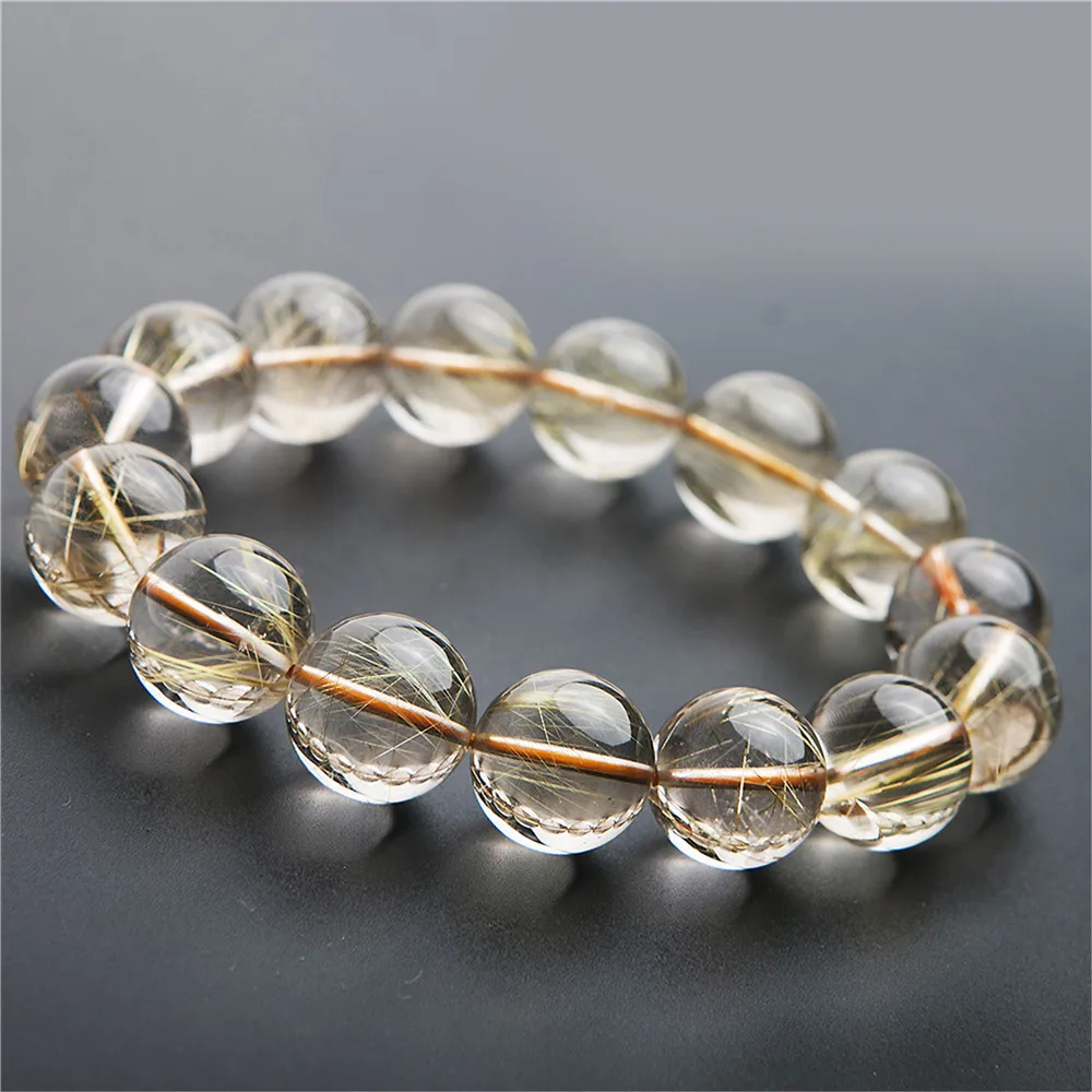 

15MM Genuine Jewelry Bracelets Natural Gold Hair Rutilated Quartz Titanium Crystal Stretch Round Beads Gem Bracelet