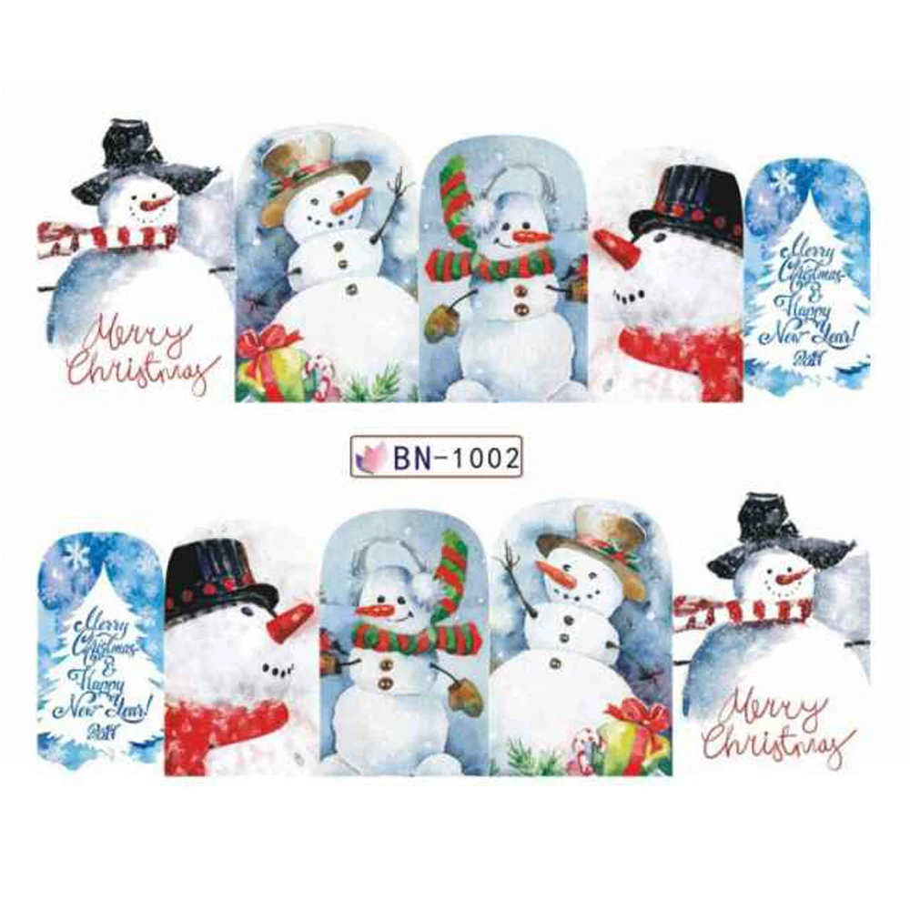 12 шт переводные наклейки для ногтей с водой, Рождественский Снеговик, клейкие слайдеры, новогодние украшения, обертывания, JIBN997-1008 для маникюра