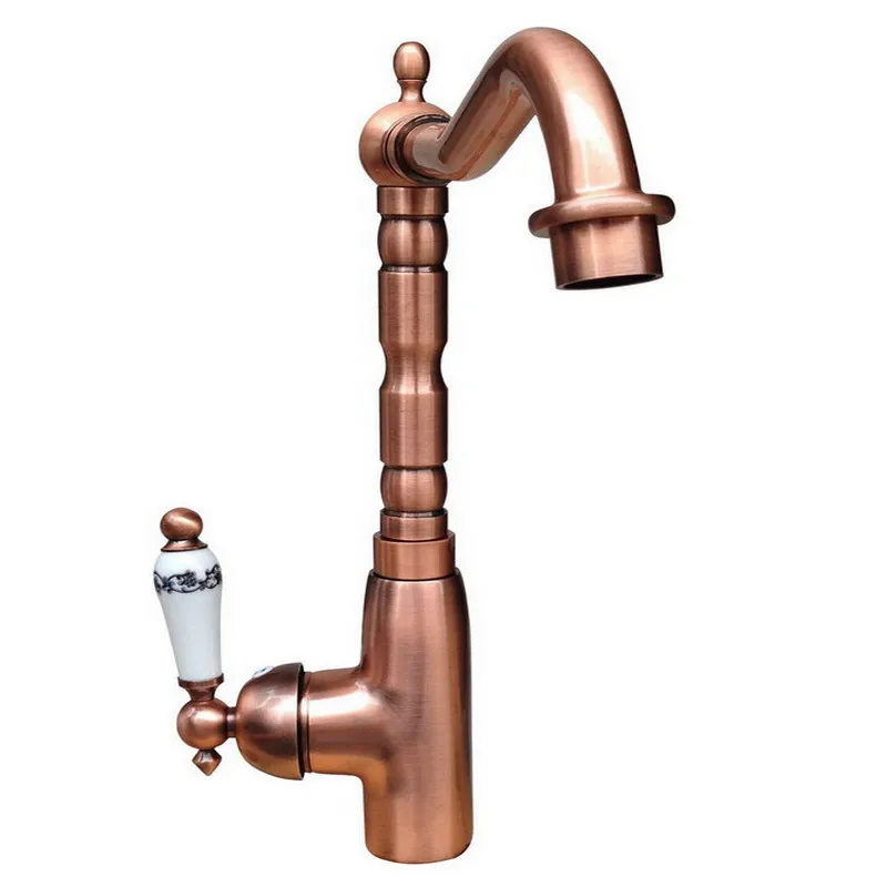 Red Copper Single Hole White Ceramic handle Lever Kitchen Vessel Sink Mixer Tap Faucet Swivel Spout arg022