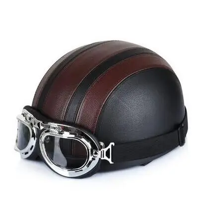 Новая мода moto rcycle из искусственной кожи шлемы городской дорожный велосипед Скутер открытый лицо ретро Половина Мото шлем+ козырек очки - Цвет: brown