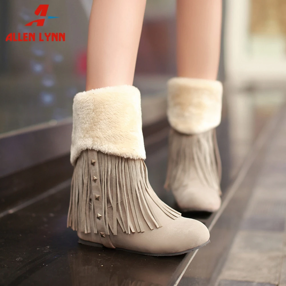 

ALLENLYNN Snow Boots Woman Winter Warm Finge Rivets Round Toe Slip On Inner Heels Add Fur Snow Boots Woman Large Size 33-42