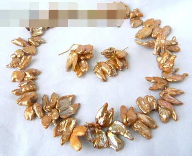

> 12539 Golden Baroque Biwa Freshwater Pearl Earring Necklace Set (A0423) -Top quality free shipping