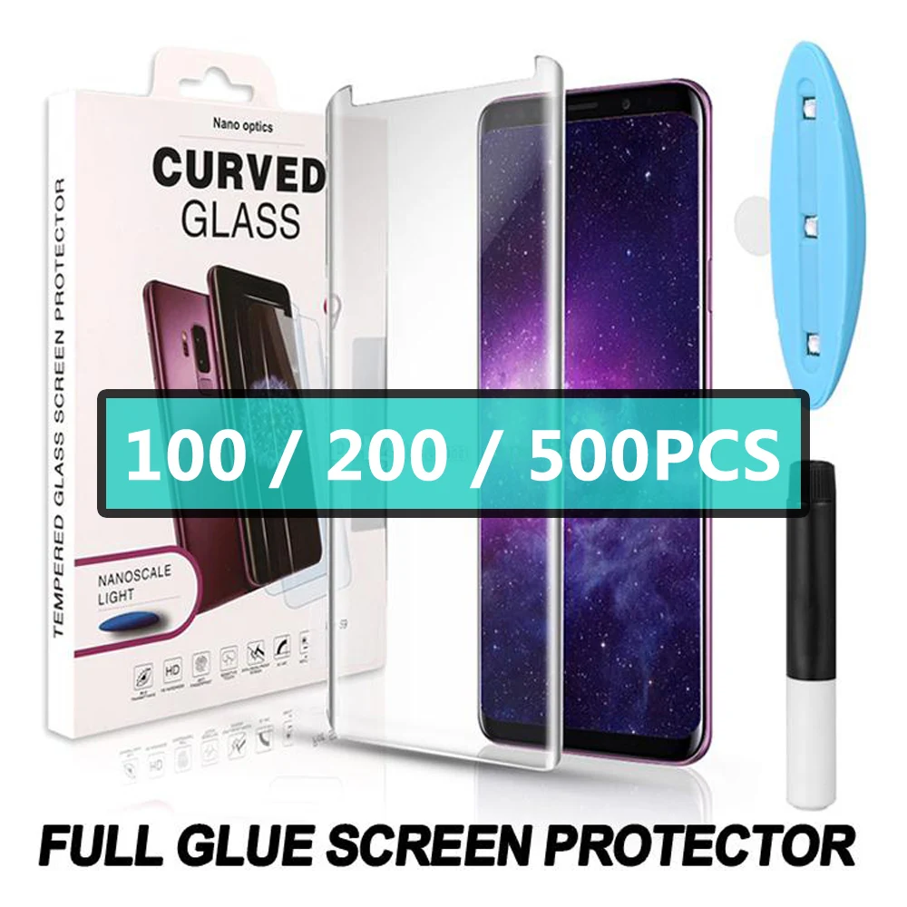 

100PCS 3D Curved Full Glue Tempered Glass For Samsung huawei Full Adhesive Screen Protector Case Friendly With UV Light In Box