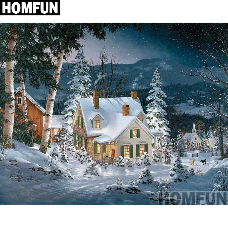 Алмазная 5d-картина HOMFUN Зимний Снежный дом вышивка крестиком из