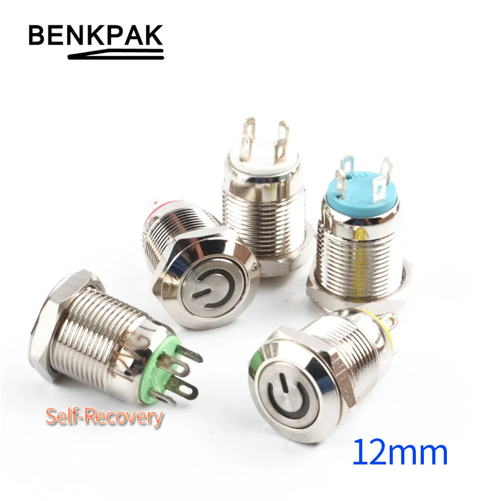 

1PC 12MM LED Car Compurter Momentary metal switch spring return normally open 3V 5V 24V 12V 220V