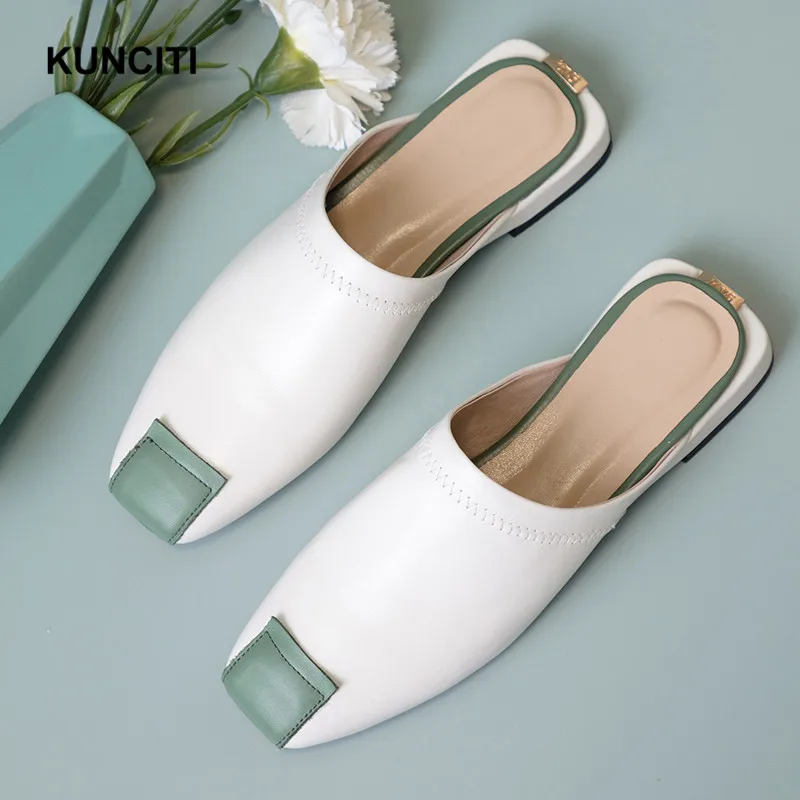 

2019 Genuine Leather Slipper Women Shoes Square Toe Slides New Designer Mules Shoes Mixed Color Japanese Shoes High Quality T932