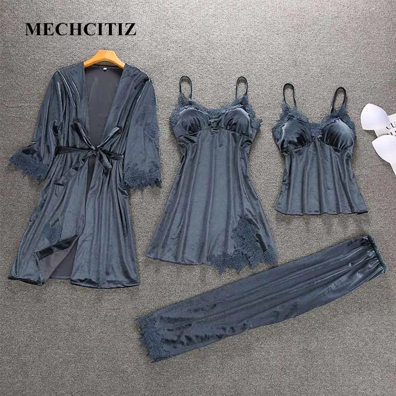 

MECHCITIZ autumn winter pajamas set for women 4 pieces long sleeve bathrobe sleepwear top pants velvet pajamas nightwear clothes