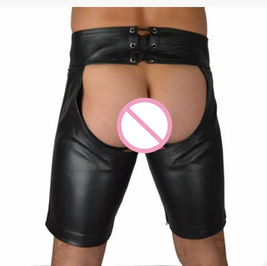 S-2XL New Buckle Hot Black Mens PVC Bandage Open Cortch Shorts Gothic Fetish Gay Men Faux Leather Jockstrap Penis Pocket Pants