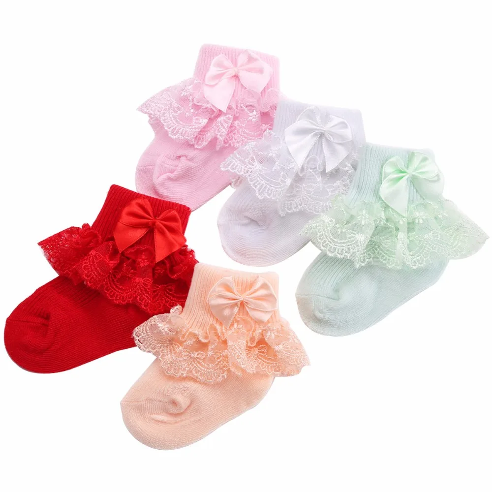 Frilly Lace Baby Socks For Newborn Girls Solid Color;Cotton Princess
