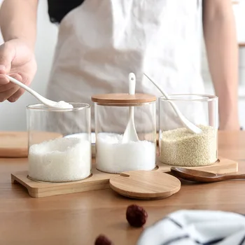 

3pcs/set Creative Kitchen Storage Bottles Glass Seasoning Jar Set Glass Bottle Pepper Salt Sugar Can Container with Wooden Lid