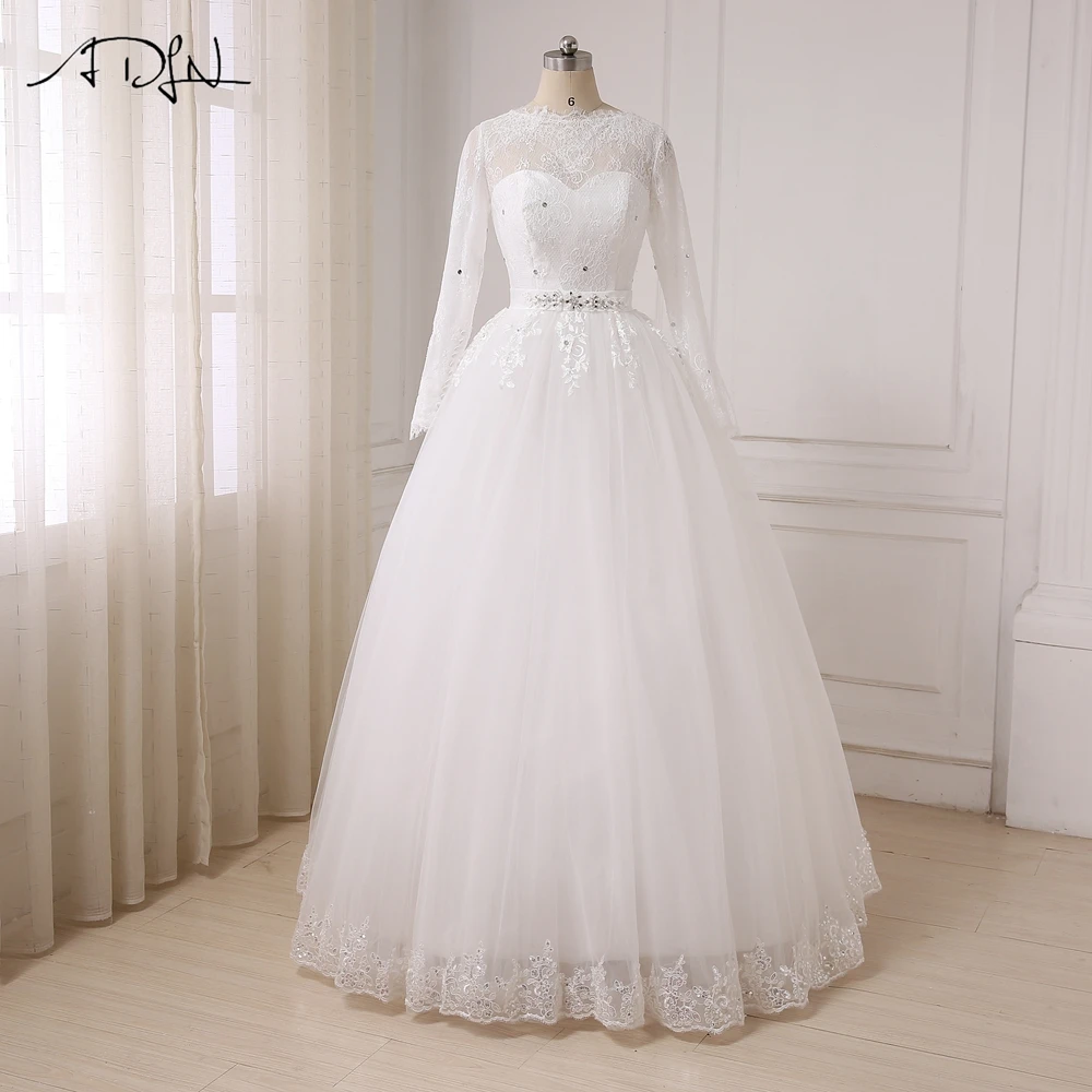 

ADLN Cheap Arabic Wedding Dresses Long Sleeves Lace Bridal Gowns Vestido De Novia Illusion Back with Buttons Plus Size