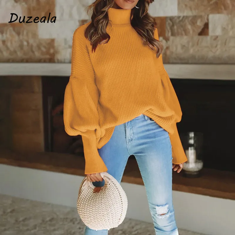 Duzeala с высоким, плотно облегающим шею воротником вязаный Повседневный пуловер для женщин Фонари рукав красный зимний свитер Женский Уличная короткий белый джемпер - Цвет: Yellow
