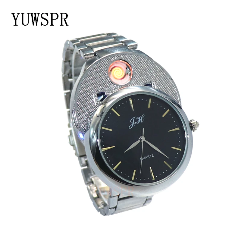 

Men Watch Cigarette lighter watch USB rechargeable windproof flameless Sleek stainless steel male birthday gift colck JH329 1pcs