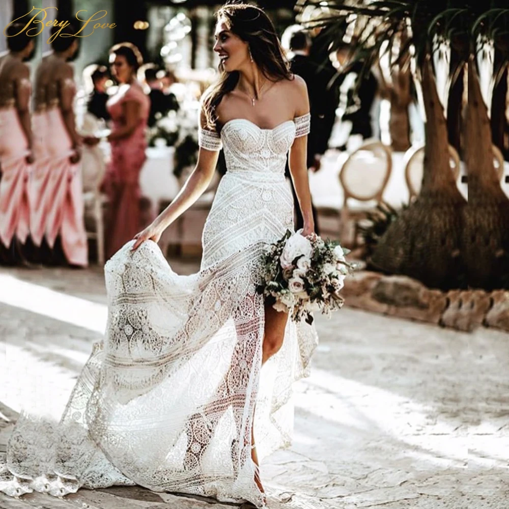Sexy Boho Beach Soft White Lace Mermaid Wedding Dress 2019