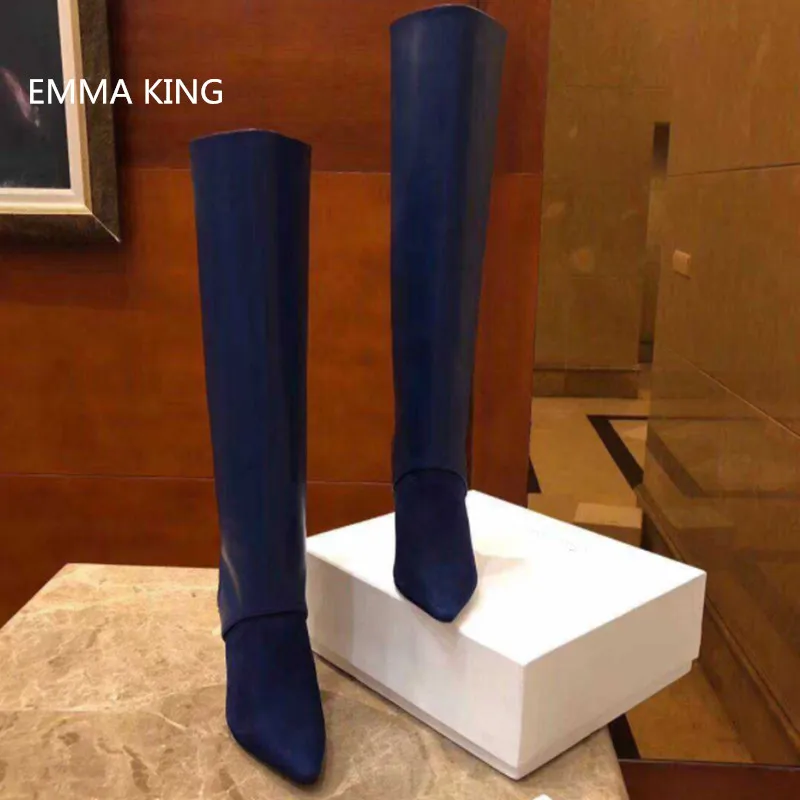 

Leather Suede Patchwork High Heels Thigh High Boots Women Stiletto Heels Pointed Toe Knight Boots Two Way Wear Fashion Booties