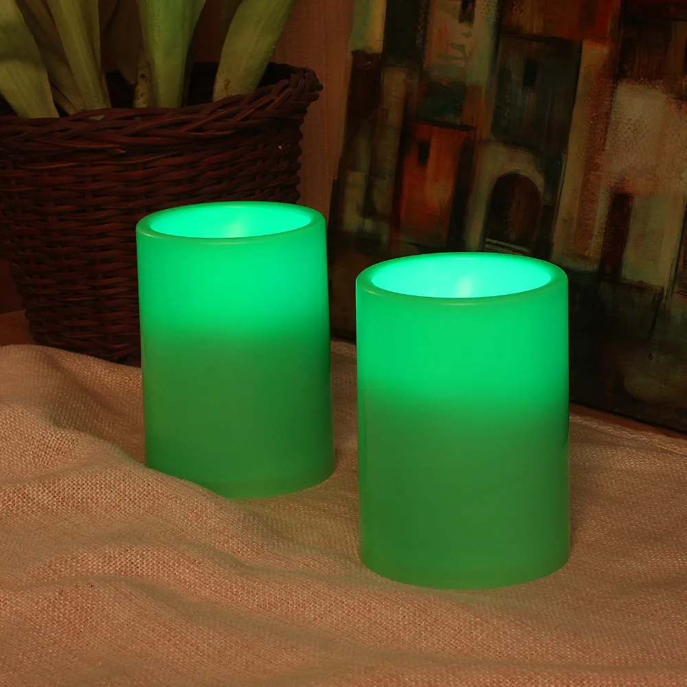 3X4 Inches Flameless Plastic Pillar Led Candle With Timer,Green, Pack