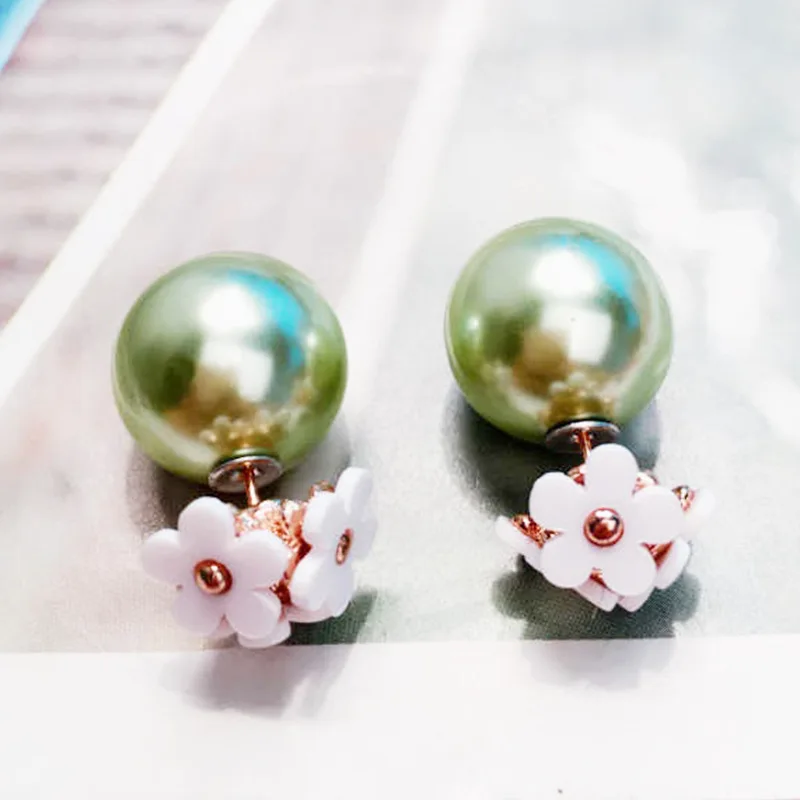 

H:HYDE Fashion simulated pearl ball Earrings flower hiphop two side Jewelry Double side Stud Earring white statement For Women