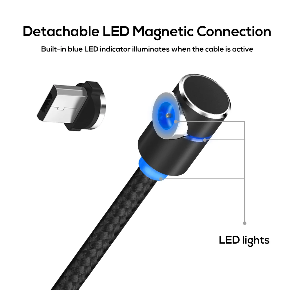 Магнитный светодиодный кабель Micro USB TOPK L Line1 1 м и 2 зарядный образной формы с углом