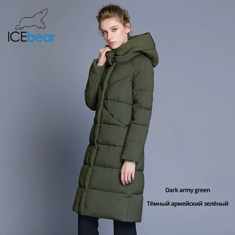 G818 dark army green ICEbear Новинка высококачественная женская зимняя теплая куртка простой манжет дизайна ветрозащитная куртка модная фирменная женская куртка длины GWD18150 - Цвет: G818 dark army green