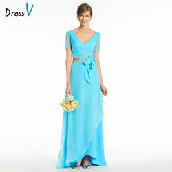 DressV Синие Длинные платье подружки невесты V Средства ухода за кожей Шеи Рубашка с короткими рукавами линия лук Пояса Ленты