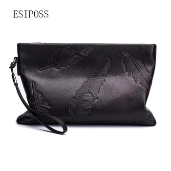

2018 men's leather handbag fashion Embossed leaves soft leather hand envelope men's thin first layer cow leather male clutch bag