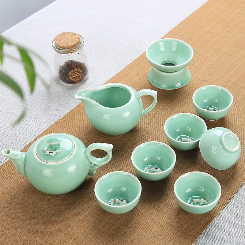 طقم شاي سيراميك من Longquan Celadon فنجان سمك إبريق شاي الكونغ فو إبريق شاي حقيبة تورين فنجان شاي تشاهاي Teaware Sets Aliexpress