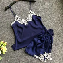 QWEEK Summer Silk Pajamas for Women Pijama Satin Sleepwear Sexy Sleep Lounge Lace Pajama Sets 2 Piece Home Clothing Pyjamas