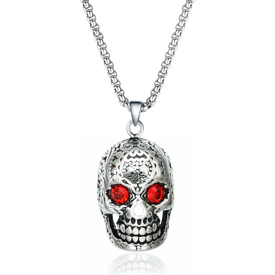 Never Fade 316 Stainless Steel Men Red Eye Skull Necklaces Pendants For
