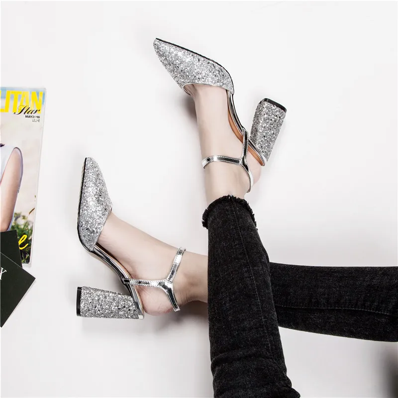 

2019 summer new crystal sequins pointed high heels thick with shallow mouth word buckle with hollow bride wedding shoes