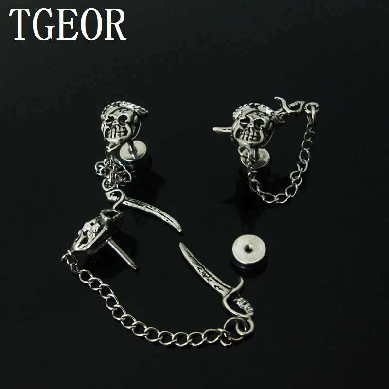 

free shipping illusion cheaters 1 Pair Stainless Steel skull dangle knife ear piercing fake plugs earring