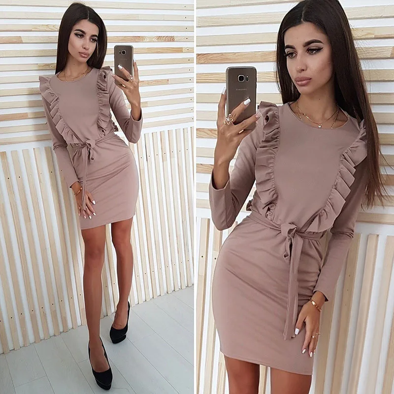 

Oufisun Spring Ruffles Sashes Sheath Bodycon Dress Women New Solid Long Sleeve O-Neck Casual Dress Sexy Party Mini Women Dresses