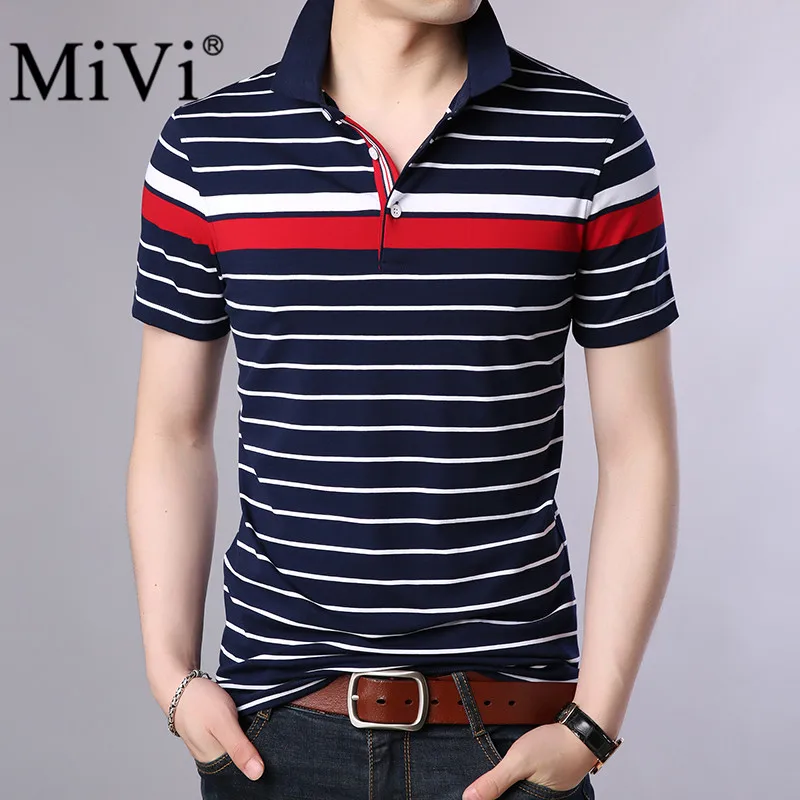 Europe Style Tee Shirt 2018 Summer New Striped Men T Shirts Turn Down