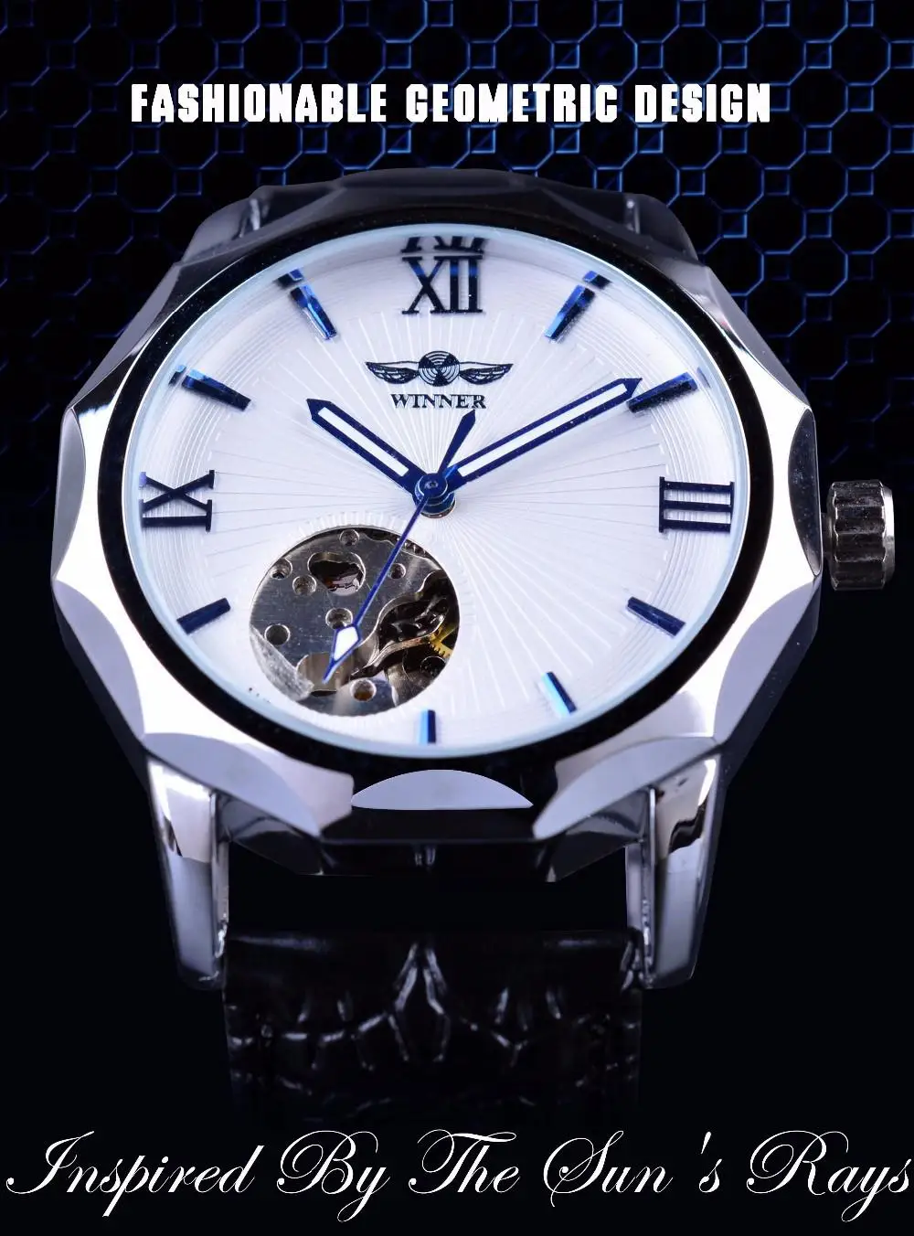 Топ бренд мода победитель синий океан геометрические дизайн Прозрачный Скелет циферблат Мужские часы Роскошные автоматические механические часы - Цвет: Белый