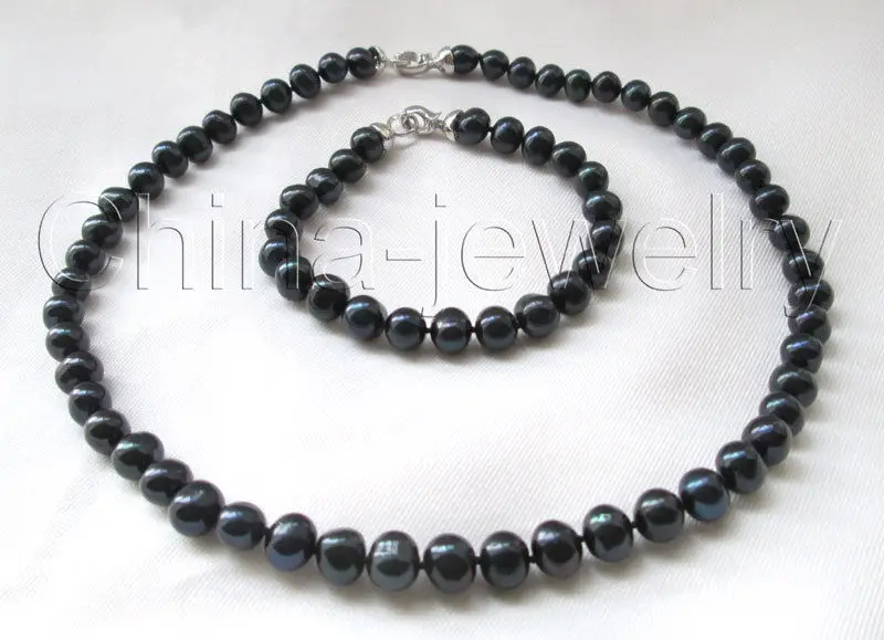 

Beautiful 18" & 8" 9mm black round freshwater pearl necklace + bracelet^^^@^Noble style Natural Fine jewe FREE SHIPPING