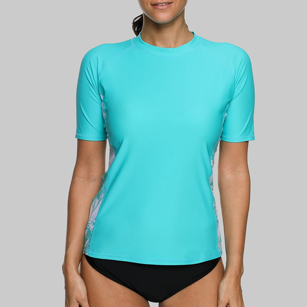 Women Short Sleeve Rashguard Swimsuit Floral Print Running Shirt Biking Shirt Surfing Top Swimwear Rash Guard UPF 50+