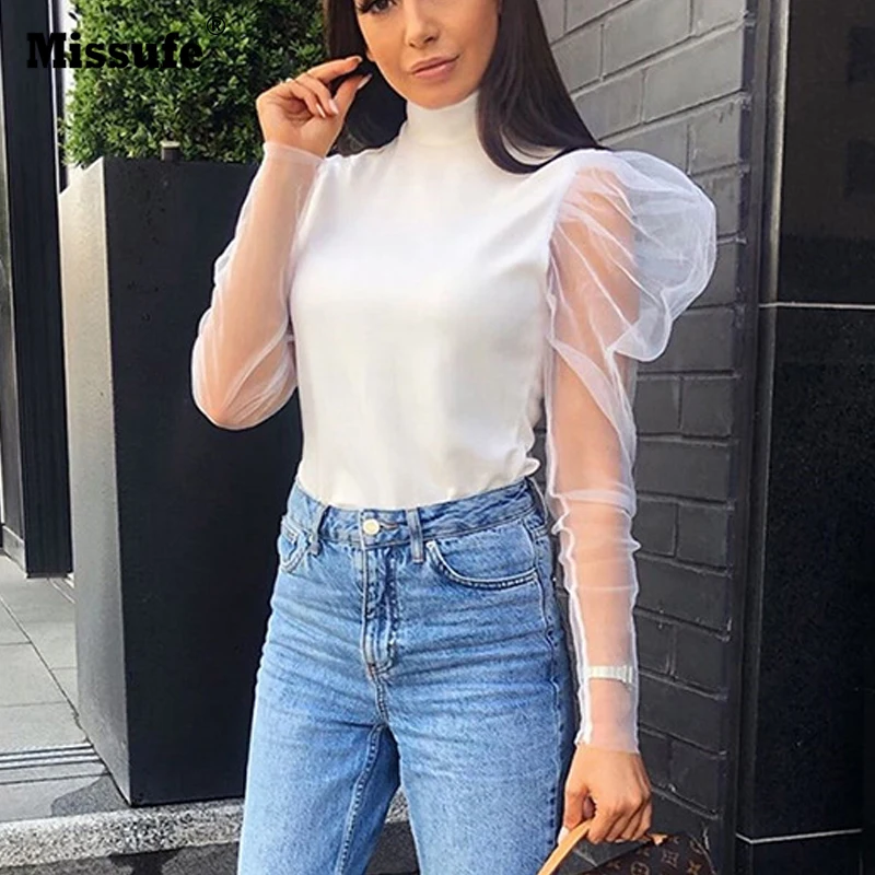 

Missufe Ruffles Sexy Women Tops Mesh T-shirt Women Patchwork Turtleneck Summer See Through Slim Elegant Casual Women T Shirt