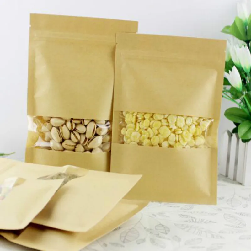 100pcs/lot Kraft Paper Pouch Packing Bag Zip Lock With Window Food Snacks Package Damp Proof 19041702